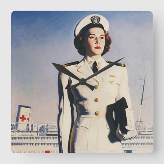 Vintage WW II Marine-Krankenschwester-Uhr Quadratische Wanduhr (Vorderseite)