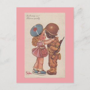 Vintage WWii gemischtes Paar küsst Valentinstag Postkarte