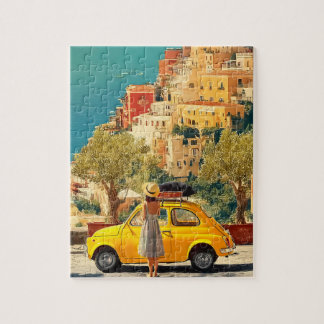 Vintage Yellow Car by the Amalfi Coast, Positano Puzzle