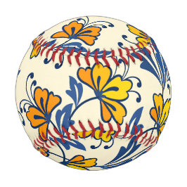 Vintage Yellow Orange Folk Floral Blue Leaf Baseball