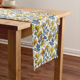 Vintage Yellow Orange Folk Floral Blue Leaf Kurzer Tischläufer