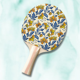 Vintage Yellow Orange Folk Floral Blue Leaf Tischtennis Schläger
