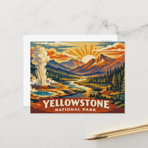 Vintage Yellowstone Geysir Sonnenaufgang Berg Postkarte