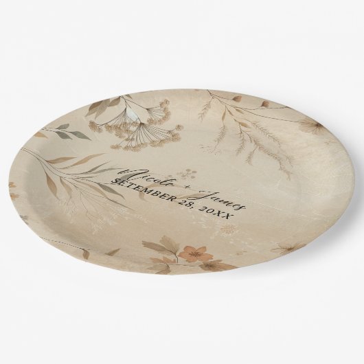 Vintage zarte Botanische Hochzeit Pappteller (Schrägansicht)