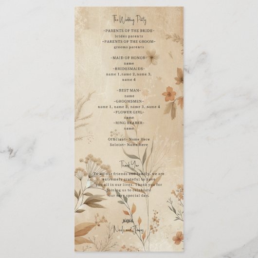 Vintage zarte Botanische Hochzeit Programm (Rückseite)