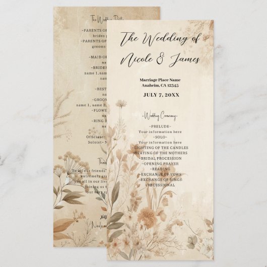 Vintage zarte Botanische Hochzeit Programm (Vorne/Hinten)