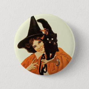 Vintage zauberhafte Hexe mit süßer schwarzer Katze Button