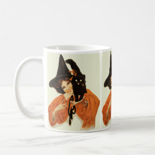 Vintage zauberhafte Hexe mit süßer schwarzer Katze Kaffeetasse