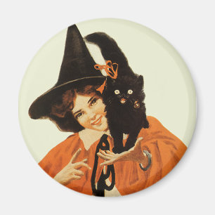 Vintage zauberhafte Hexe mit süßer schwarzer Katze Magnet
