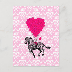 Vintage-Zebra- und rosa Herzballons Postkarte