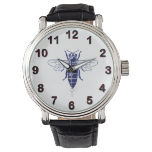 Vintage-Zeichnung einer Königinbiene in Blau Armbanduhr