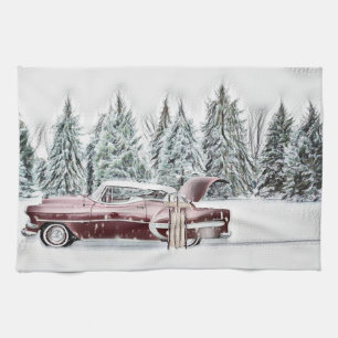 Vintage-Zeichnung eines roten Autos und Weihnachts Geschirrtuch