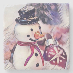 Vintage-Zeichnung eines Schneemanns im Schnee Wass Steinuntersetzer