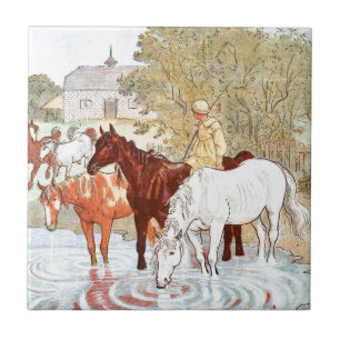 Vintage-Zeichnung: Pferde trinken aus einem Teich Fliese