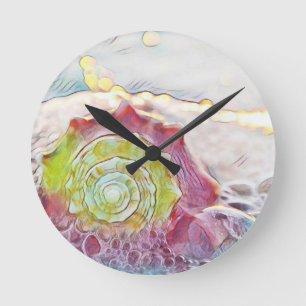 Vintage-Zeichnung rosa gelbe Muschel Rückenkissen Runde Wanduhr