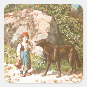 Vintage-Zeichnung: Rotkäppchen und der Wolf Quadratischer Aufkleber