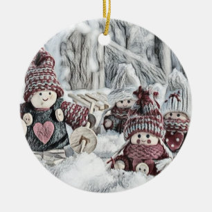 Vintage-Zeichnung von Gnome im Schnee Keramik Ornament