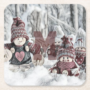 Vintage-Zeichnung von Gnome im Schnee Rechteckiger Pappuntersetzer