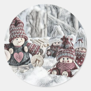 Vintage-Zeichnung von Gnome im Schnee Runder Aufkleber