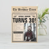Vintage Zeitung 30. Geburtstag Spaß Custom Foto Einladung (Stehend Vorderseite)