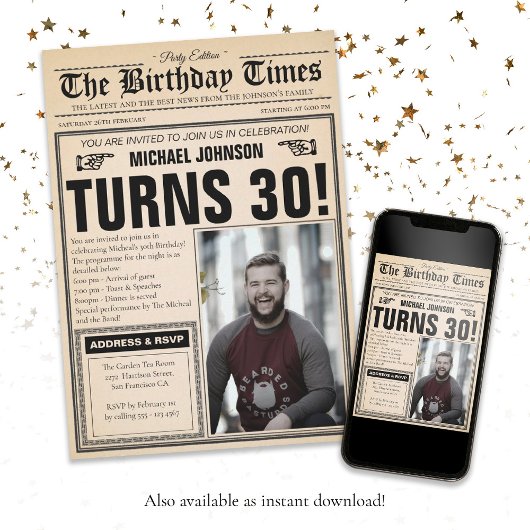 Vintage Zeitung 30. Geburtstag Spaß Custom Foto Einladung