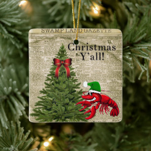 Vintage-Zeitung Crawfish-Weihnachten Y'all Keramikornament