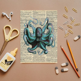 Vintage Zeitung mit Blue Octopus GiantDecoupage Seidenpapier