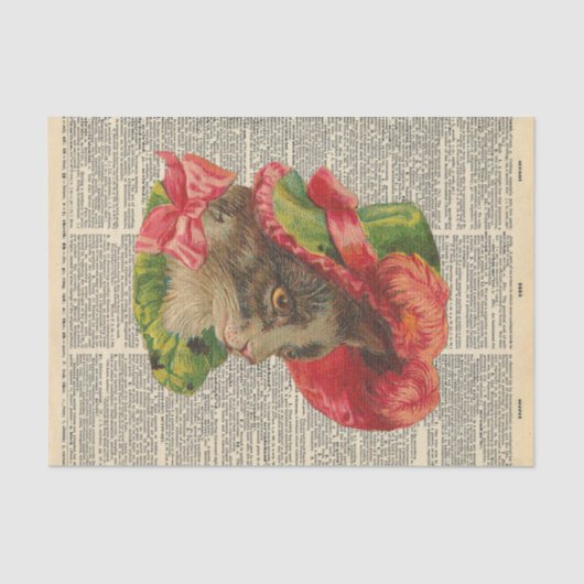 Vintage Zeitung mit Cat Wearing Hat Decoupage Seidenpapier (Vorderseite)