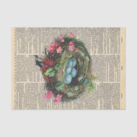 Vintage Zeitung mit Vogelnest-Decoupage Seidenpapier (Vorderseite)