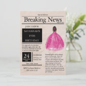 Vintage Zeitung Quinceañera Fuchsia Pink Einladung (Stehend Vorderseite)