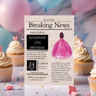 Vintage Zeitung Quinceañera Fuchsia Pink Einladung