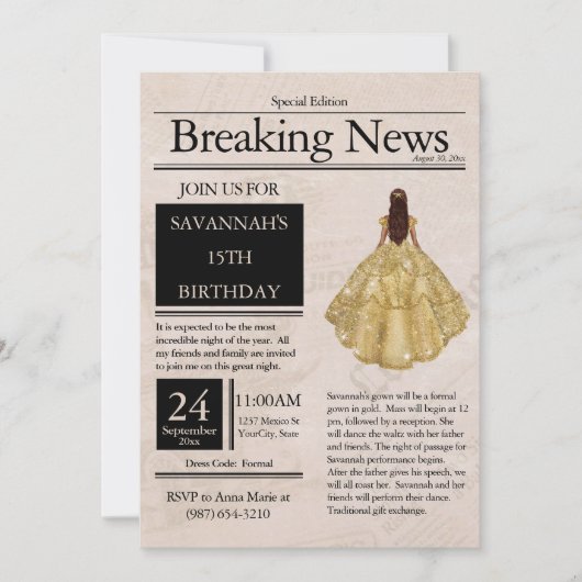 Vintage Zeitung Quinceañera Gold Einladung (Vorderseite)