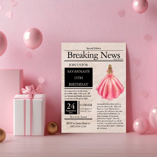 Vintage Zeitung Quinceañera Lachs Pink Einladung