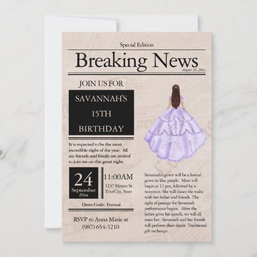 Vintage Zeitung Quinceañera Lilac Lila Einladung (Vorderseite)