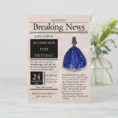 Vintage Zeitung Quinceañera Navy Blue Einladung (Stehend Vorderseite)