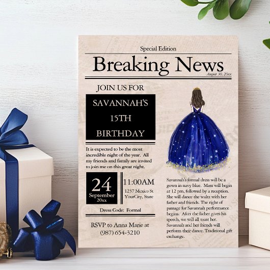 Vintage Zeitung Quinceañera Navy Blue Einladung