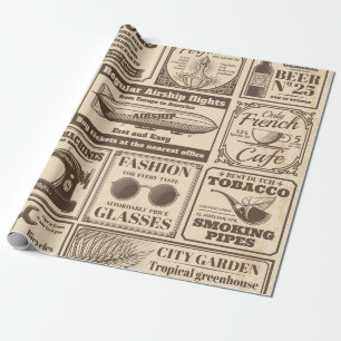 Vintage Zeitungsbanner und Werbeetiketten v Geschenkpapier