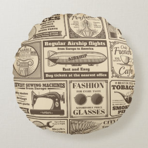 Vintage Zeitungsbanner und Werbeschriften / Rundes Kissen