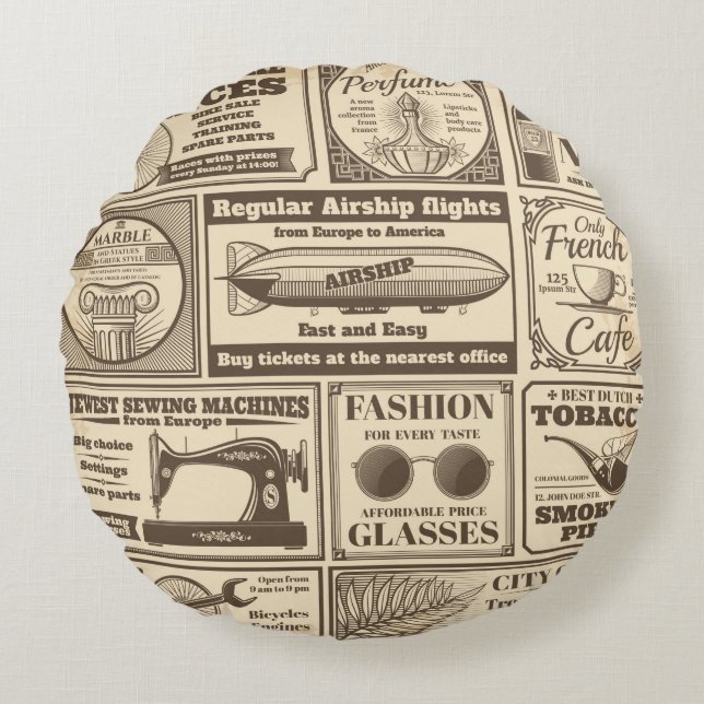 Vintage Zeitungsbanner und Werbeschriften / Rundes Kissen (Vorderseite)