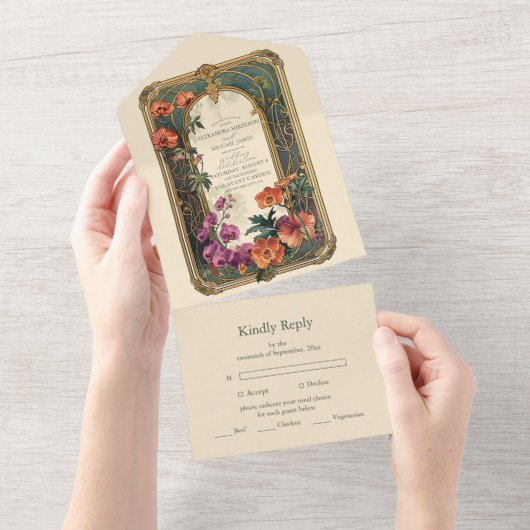 Vintage Zierpflanzenhochzeit All In One Einladung (Abreißen)