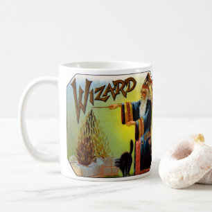 Vintage Zigarrenetikett, Magischer Zauberer mit sc Kaffeetasse