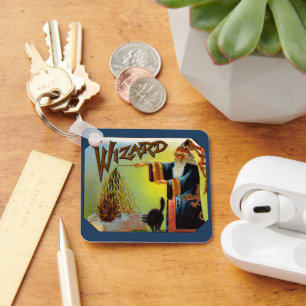 Vintage-Zigarrenetikett, magischer Zauberer mit sc Schlüsselanhänger