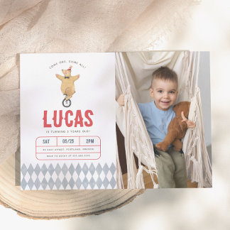 Vintage-Zirkus-Bär-Foto Jungen-Geburtstagsfeier Einladung