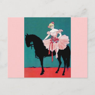Vintage Zirkusartistin mit einem schwarzen Pferd Postkarte