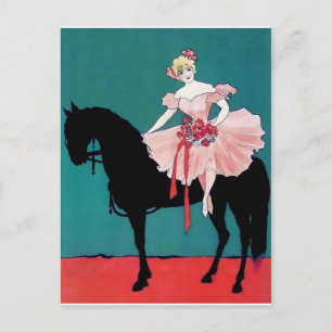 Vintage Zirkusartistin mit einem schwarzen Pferd Postkarte