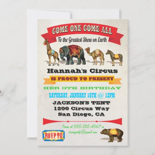 Vintage Zirkustiere Einladungen zur Geburtstagspar (Vorderseite)