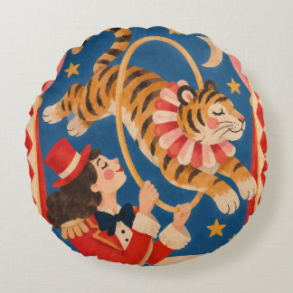 Vintage-Zirkustiger und Ringmaster Funhaus Rundes Kissen