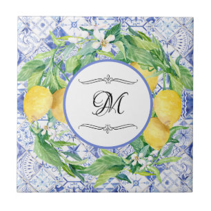 Vintage-Zitronen-Blumenkranz Blau Weiß mit Monogra Fliese