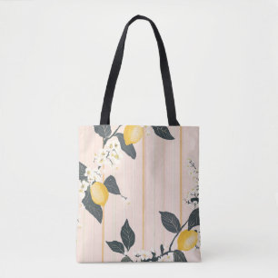 Vintage Zitronen & Blüten auf rosa Streifen Tasche