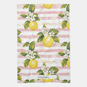 Vintage Zitronen & Blüten auf rosa und weißen Stre Geschirrtuch